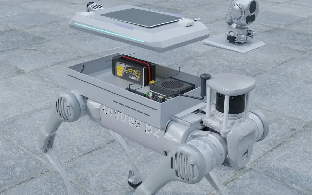 Inside a robot dog payload shell: battery, power distribution and compute (YUANZHI ROBOTICS 3D render, Unitree B2)