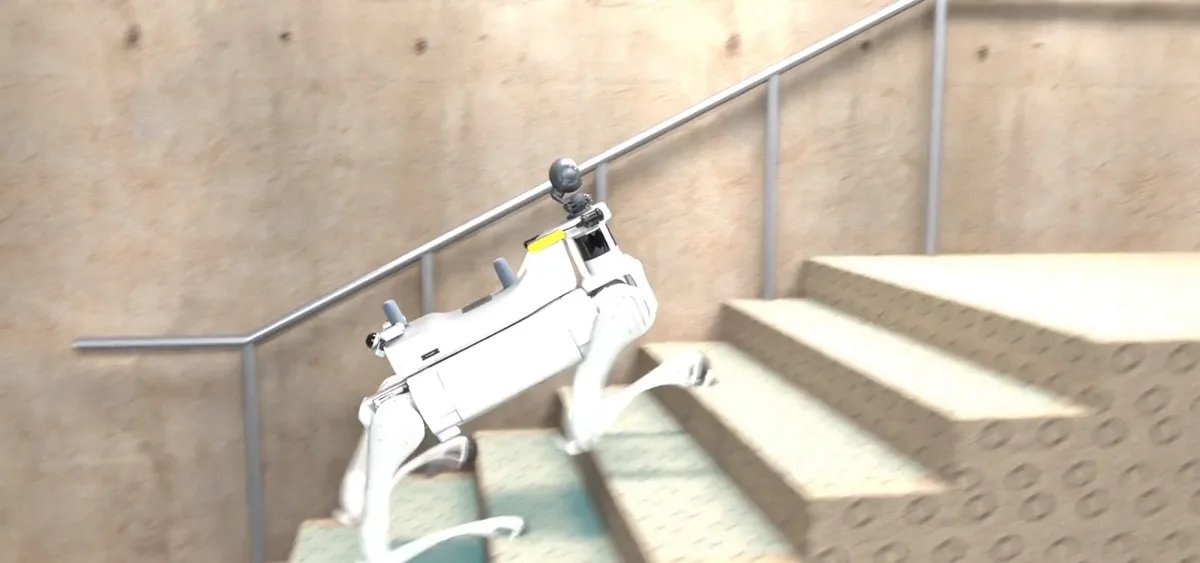 3D render of a robot dog with a payload shell and antennas climbing a staircase; stairs on the route add tuning and testing work.
