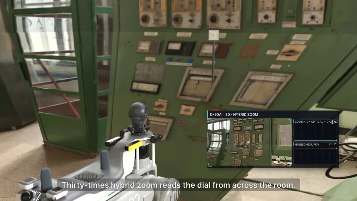 A 30x hybrid zoom gimbal reading a dial from across the room (from the YUANZHI ROBOTICS film)