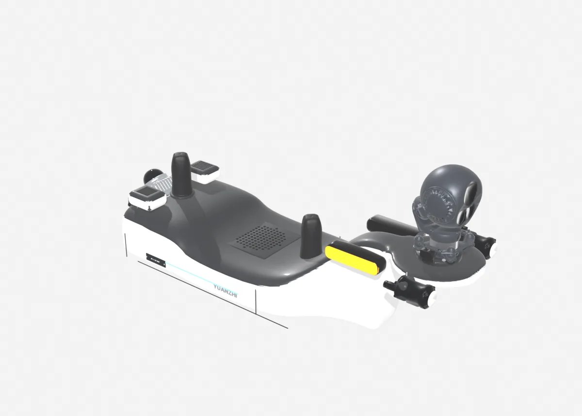 Robot dog payload kit parts laid out: back shell, LiDAR, gimbal, depth camera and RTK antennas (YUANZHI ROBOTICS render)
