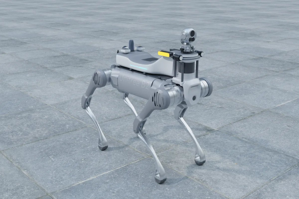 Unitree B2 with the YUANZHI inspection payload kit: LiDAR, dual-spectrum gimbal and RTK antennas (YUANZHI ROBOTICS render)