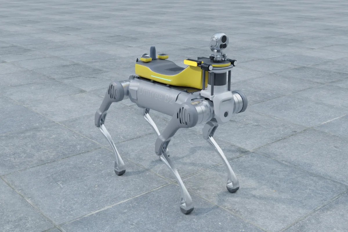 Unitree B2 with a fitted back shell and a raised front gimbal mount (YUANZHI ROBOTICS 3D render)