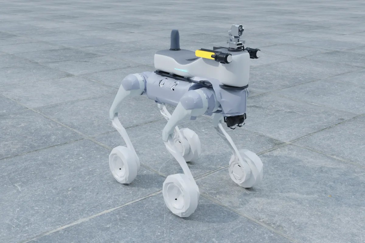 Unitree Go2-W with a back payload shell: a vertical antenna at the rear, lights and a camera mast at the front (YUANZHI ROBOTICS 3D render)