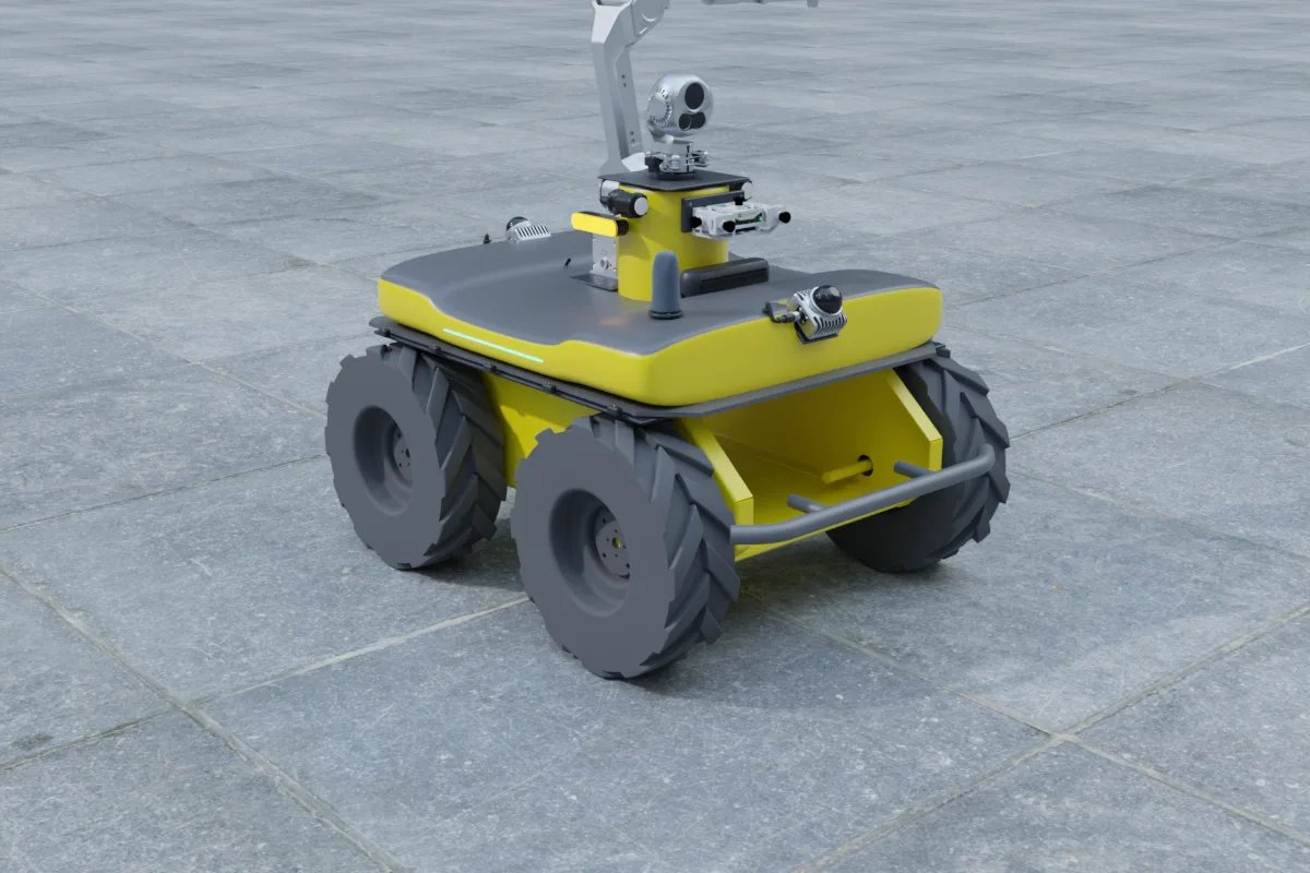 Clearpath Husky A200 with the YUANZHI inspection payload kit: LiDAR, dual-spectrum gimbal and RTK antennas (YUANZHI ROBOTICS render)